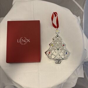 LENOX Sparkle And Scroll Silver Plate Tree Ornament Multi Color Crystals Boxed‎